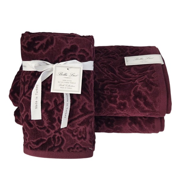 Bella Lux 4pc Turkish Cotton Velour Towel Set Merlot Floral Embossed 2Bath 2Hand